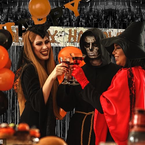 3 Pack Black Fringe Backdrop Streamers Halloween Party Decorations Black Tinsel Foil Curtains Photo Booth Backdrop Birthday Wednesday Twilight Graduation Wizard Party Decorations Supplies - color: Black
