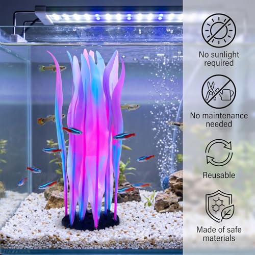 Glowing Aquarium Kelp Plant, Glow Fish Tank Decorations Soft Silicone Coral Decor Realistic Glowing Coral Fish Tank Ornament Aquarium Decorations for Fishes Tanks Decor Accessories, Pinkish Purple