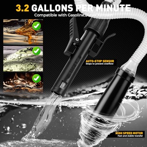 Battery-Powered Fuel Transfer Pump - 3.2 GPM No Spill Portable Gas Can siphon Pump with 3 Adapters, Extra Long Hose, Fuel Pump for Oil, Diesel, Gasoline (Batteries Not Included) - size: New Version