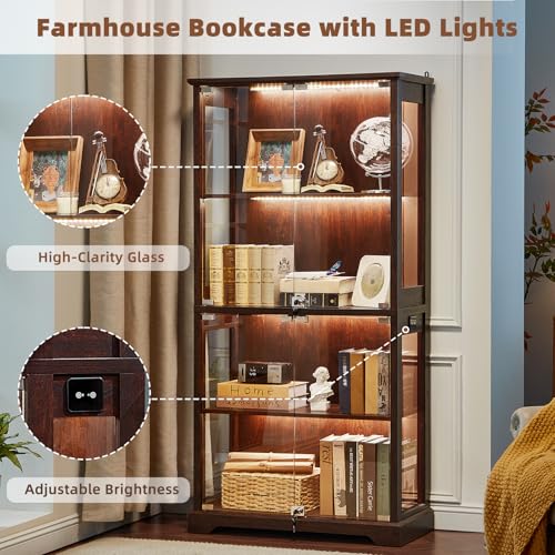 LELELINKY Farmhouse Glass Display Cabinet Set of 3 with Doors, Corner Curio Cabinet for Collectibles, Wooden Display Cabinets for Home, Office, Living Room, Corner, Walnut - color: Walnut, size: Set C