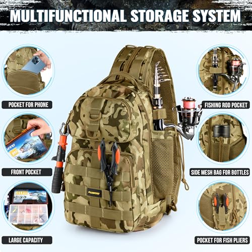 PLUSINNO Fishing Gear,Fishing Backpack with Floating Fishing Net,Tackle Boxes,Waterproof Fishing Tackle Bag,Fishing Gifts for Men - color: Khaki Camo Backpack With Fishing Net