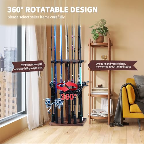 360° Rotating Fishing Rod Holder, Natural Wooden Fishing Pole Rack Stores 16 Rods, Floor-Standing Fishing Rod Storage Organizer with Rounded Clips for Garage, Basement, or Shed, Easy to Install - color: Brown, size: Square
