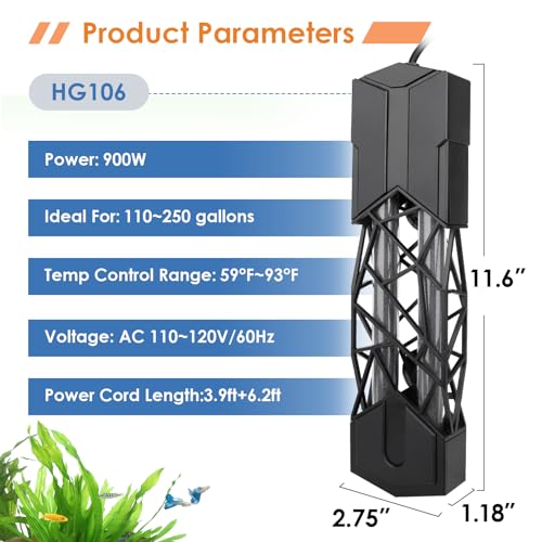 hygger Submersible Aquarium Heater 900W Fish Tank Heater with Temperature Control & Auto Off Protection for 110-250 Gallons Saltwater and Freshwater - size: 900W for 110-250 Gallons