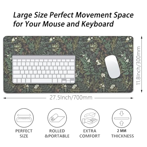 Dark Green Plant Desk Pad Mouse Pad,Vintage Green Fern Leaves Mouse Mat with Stitched Edges,Non-Slip Rubber Base Mousepad for Office PC Keyboard Laptop and Home Work Desk Mat(27.5X11.8 in) - color: White berries