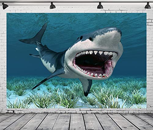 7x5ft White Shark Backdrop Underwater Backdrop 3D Shark Photography Backdrop Under The Sea Ocean Cartoon Backdrop for Boys Kids Happy Birthday Party Decor Photo Shoot Studio Props Fabric - size: 7x5FT
