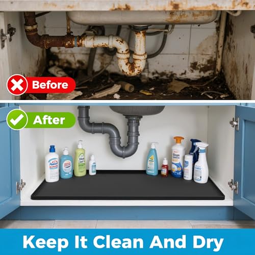 URMONA 31'' x 22'' Waterproof Silicone Under Sink Mat Cabinet and Counter Protector, Shelf Liner for Kitchen and Bathroom, Storage and Organizers, Litter Mat, Pet Cat Puppy Essentials（White Sand） - color: Beige, size: 31"L x 22"W