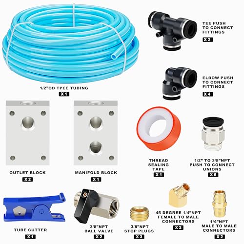 1/2″OD Compressed Air Piping System and Shop Air Line Kit with 100ft TPEE Tubing 3/8″ID, 27-Piece Air Push to Connect Kit