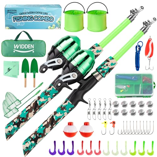 Kids Fishing Pole, Portable Telescopic Kids Fishing Poles for Boys and Girls, Fishing Rod and Reel Combo Kit with Tackle Box, and Fishing Net, Best Fishing Pole for Toddler Youth - color: Green+Green