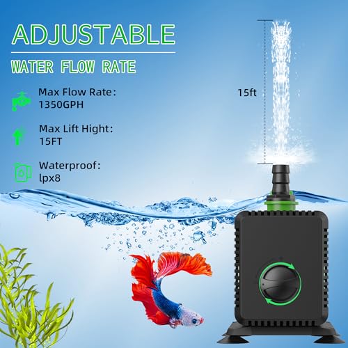 FREESEA Submersible Water Pump for Pond: 1350GPH 150W Fountain Pump with 6.6ft Tubing for Aquarium Fish Tank Waterfall Hydropoic - size: 150W/1350GPH