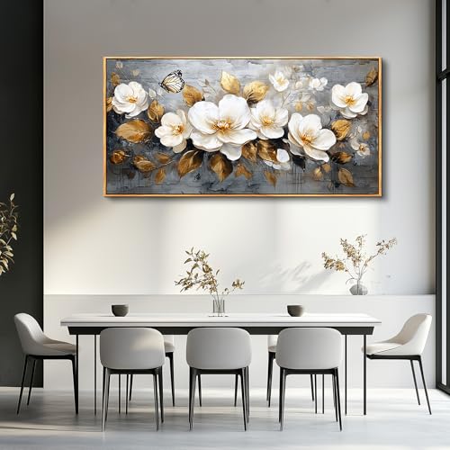 FUHAIHUA Wood Framed Canvas Wall Art For Living Room Wall Decor For Bedroom Office Wall Decoration White Flower Painting Farmhouse Pictures Artwork Room Aesthetic Home Decor 20x40 In - color: White Flower Wood Framed, size: 40"L x 20"W