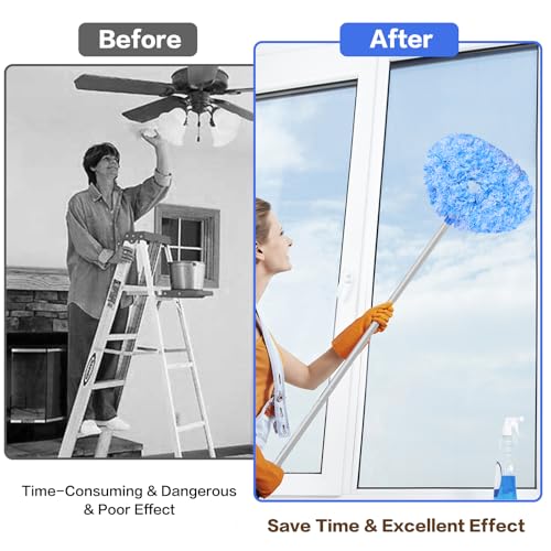 Ceiling Fan Cleaner Duster Reusable Microfiber Ceiling Fan Blade Cleaner Removable Duster with Extension Pole Adjusts 13 to 49.7 Inch for Cleaning Walls Furniture Door Window Top (Blue White) - color: Blue White