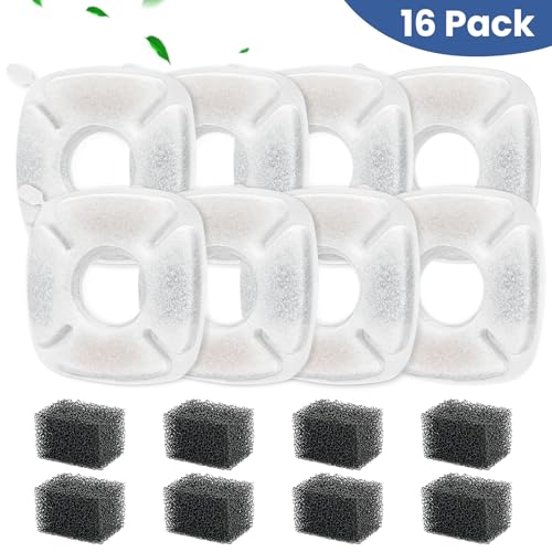 16 Pack Cat Water Fountain Replacement Filters, 8 Pcs Cats Fountain Filters & 8 Pcs Pre-Filter Sponges for 95oz/2.8L 135oz/4L 67oz/2L Automatic Pet Dog Fountain Water Dispenser Filter