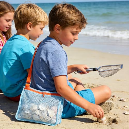 Beach Mesh Shovel & Sifter with Bag - Stainless Steel Sand Filter Scooper for Shark Tooth, Shell & Fossil Hunting, Beachcombing Tool with Mesh Collection Bag