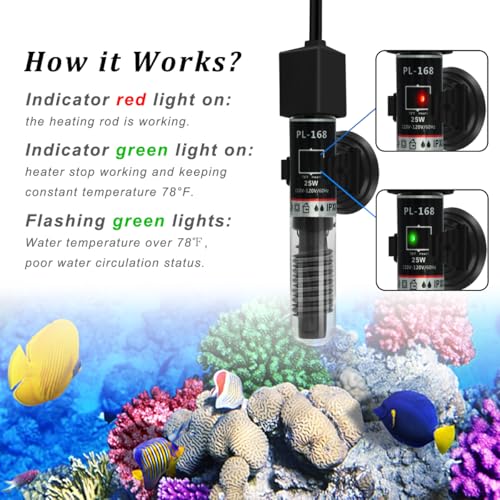 PULACO 25Watt Mini Aquarium Submersible Betta Heater with Free Thermometer Strip for 1-6 Gallon Fish Tanks (Preset Temperature 78℉)