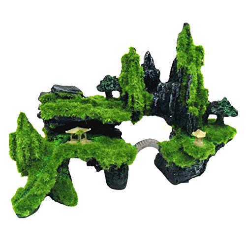 Tfwadmx Fish Tank Mountain View Decoration Aquarium Stone Ornament Bridge with Moss Tree House Cave for Small Betta Shrimp Hide