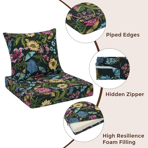 FUNHOME Outdoor Seat Cushion Set 24 x 24 x 4 Inch,Water Resistant Outdoor Chair Cushions for Patio Furniture,Thick Deep Seating Pads for Outside Chair Sofa Couch, Black Flower Butterfly - color: Black Flower Butterfly