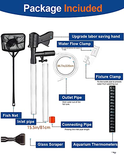 QZQ Aquarium Gravel Cleaner [2026 Edition] Vacuum Fish Tank Vacuum Cleaner Tools for Aquarium Water Changer with Aquarium Thermometers Fish Net kit Use for Fish Tank Cleaning Gravel and Sand