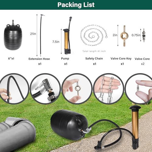 6 Inch Inflatable Pipe Plug Kit with Fast Air Pump & Extension Hose, Heavy Duty Rubber Sewer Test Ball with Safety Chain & Valve Tool for Drain Blocking & Leak Testing(Fits 5.8"-6.2" Pipes) - size: 6 Inch