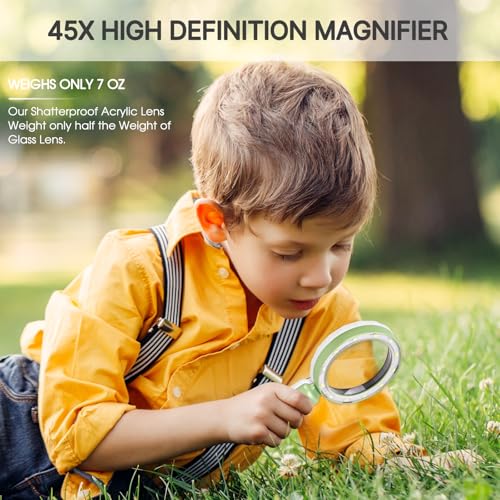 Magnifying Glass with Light, Rechargeable Magnifier for Seniors, Reading | 45X Crystal Clarity • 6 Light Modes • 1200mAh Rechargeable • Large 4.6" Lens • 12 LEDs • Soft Anti-slip Handle • Green - color: Green
