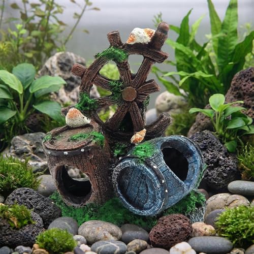 Mipukbay Fish Tank Decoration, Broken Ship Wheel & Cask Aquarium Decor Hiding Cave Ornament for Freshwater/Saltwater, Safe Landscaping Rock Resin Decoration for Betta Fish, Goldfish and Aquatic Pets - size: Broken Ship Wheel