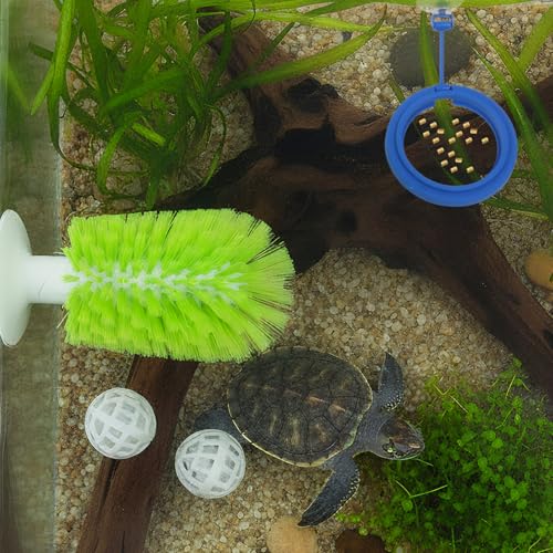 Turtle Brush with Filter Ball & Feeding Ring, Suction Cup Turtle Tank Decorations, Securely Adheres to The Surface of Water Tanks, for Remove Dirt from The Turtle's Back and Belly