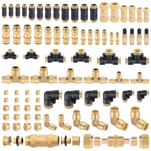 CheeMuii 80 PCS Brass DOT Air Line Fittings Kit DOT Push Lock and Compression Air Fitting Pure Brass Quick Connect Union 1/8" 1/4" 3/8" 1/2" Air Hose Fittings Assortment - color: Gold, size: 80 PCS