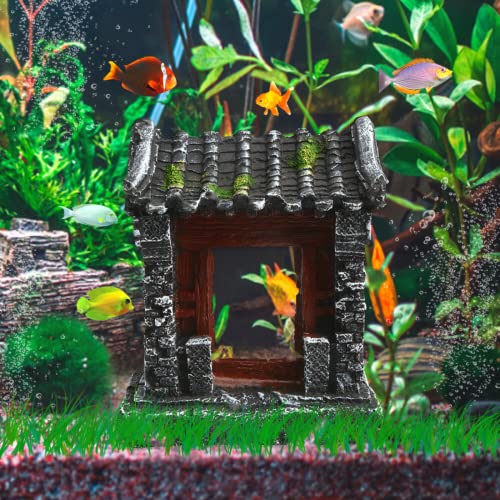 Saim Aquarium Decorations Classical Ancient Temple Ruins Ornament Chinese Old Building Decorations for Betta Fish Tank Fish to Sleep Rest Hide Play