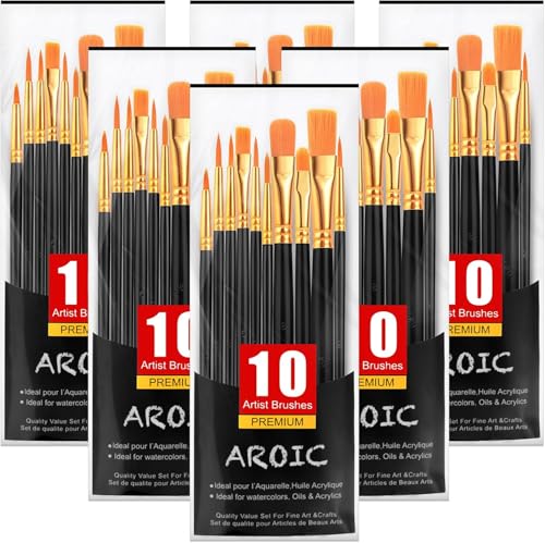 AROIC Acrylic Paint Brushes, 6 Packs / 60 pcs Nylon Hair Paint Brush Set for All Purpose Oil Watercolor Painting Artist Professional Kits (Black) - color: Black, size: 60pcs