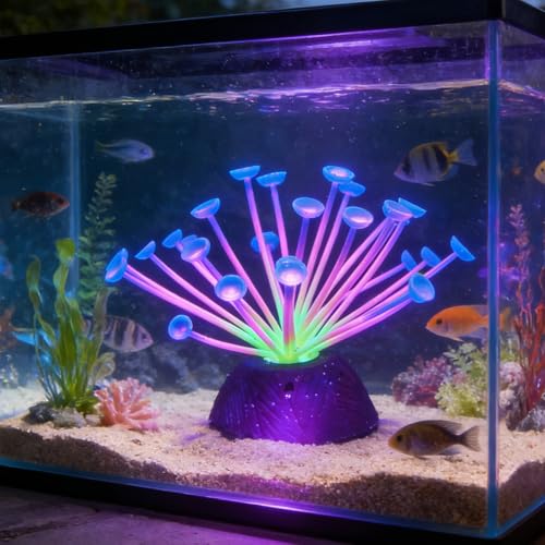 Suction Cup Anemone Aquarium Decor with Silicone Tentacles, Realistic Coral Reef Ornament for Saltwater and Freshwater Fish Tanks, Flexible Habitat for Shrimp, Invertebrates & Aquascaping (Blue) - color: Blue