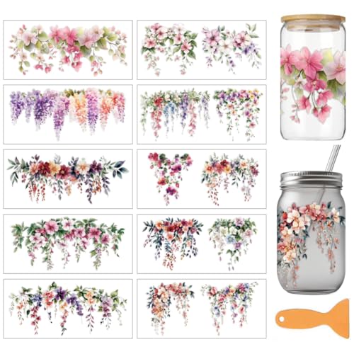 arricraft 10 Sheets Beautiful Flowers UV DTF Cup Wrap for 16OZ Glass, Flowering Vine Rub on Decals PVC Transfer Stickers for DIY Cups Wood Funiture 24x11cm/9.4x4.3inch - style: Beautiful Flowers Theme