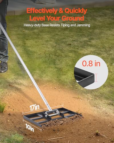 VEVOR Lawn Leveling Rake, Lawn Leveler with 78 in Handle, 17x10 in Ground Plate, Rust-Resistant Carbon Steel Soil Leveler, 5 Heights Adjustable, Effort Saving Lawn Leveling Tool for Yard Golf Court - size: 17"x10", style: Classic: Carbon Steel