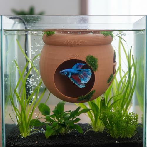 Betta Hammock Floating Hideout House with Artificial Moss Suction Cup Mount, 3D-Printed PLA Aquarium Decor Rest Cave Toy for Betta Fish Tank Accessories