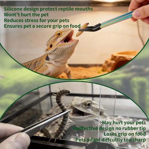 2 Pack Stainless Steel Reptile Feeding Tongs with Rubber Tip, 10.6" Straight & Curved Tweezers, for Aquarium or Craft, Planted Tank, Terrarium Tank, Feeder for Beard Dragons, Lizard and Snakes, Silver