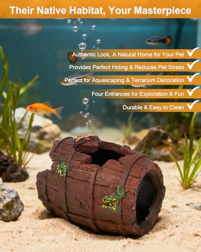 TRUVIC Fish Tank Decorations - Aquarium Cave Decor, Resin Hollow Tree Trunk Reptile Hide & Betta Log Hideout for 20 Gallon Tank, Fish Accessories Shelter Cave - color: Wooden Barrel