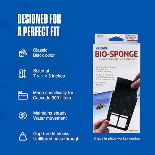 Penn-Plax Cascade 300 Power Filter Replacement Bio Sponge, 2 Pack -Durable Aquarium Filter Media Compatible with Cascade Power Filters -Improves Water Flow & Filtration Efficiency -Black, 7 x 1 x 5 In - size: Cascade 300 Replacement Bio-Sponge - 2 Pack