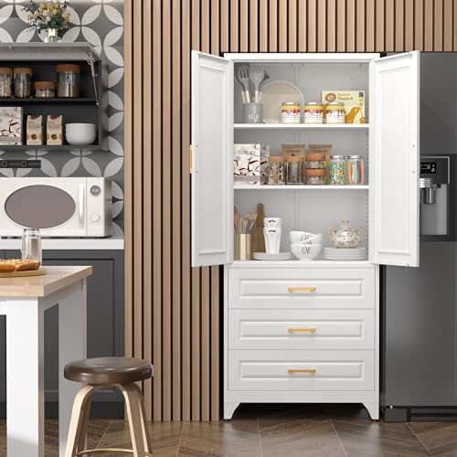 SteeLoong 75" Kitchen Pantry Cabinet with 3 Drawer,Metal Storage Cabinets with Doors and 4 Adjustable Shelves,White Kitchen Cabinet with 2 Gold Handles,Food Cupboard for Livingroom,Pantry, Bathroom - color: White, size: 75"H 3 Drawers