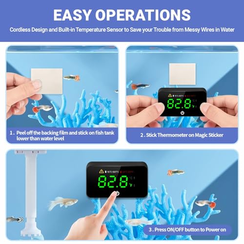 Digital Aquarium Thermometer, Stick-on Fish Tank Thermometer with LED Display, Wireless Aquarium Temperature Measurement with Battery-Change Tool and Extra Sticker.(Black*1) - color: Black