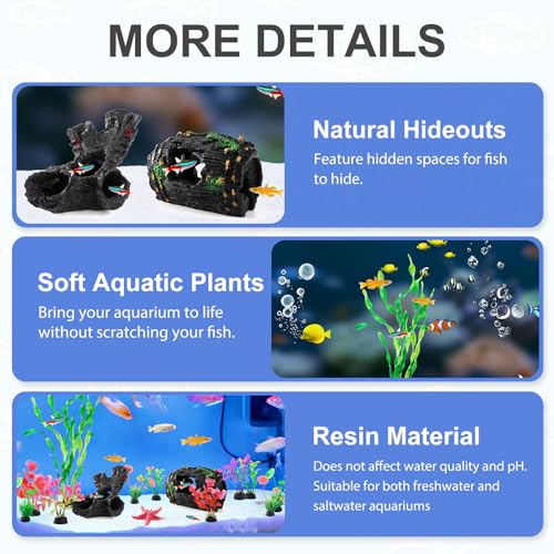 14pcs Fish Tank Decorations Set, Aquarium Decor Driftwood, Resin Fish Broken Barrel and Artificial Plastic Plants, Fish Bowl Ornaments Betta Tank Hideout Accessories