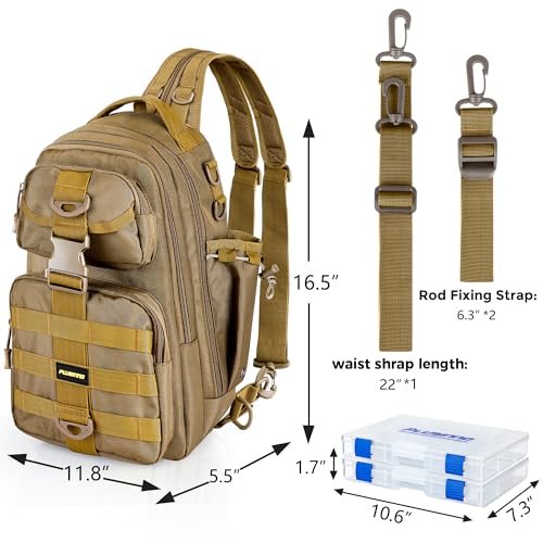 PLUSINNO Fishing Backpack Tackle Bag, Water-Resistant Backpack with Rod Holder, Ideal Gifts for Men - color: Khaki Backpack With 4 Boxes