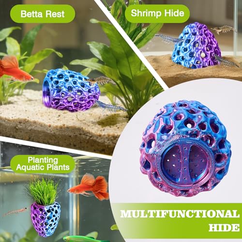 Shrimp Dome Hide, Shrimp Hides for Aquarium, Betta Fish Hideout with Suction Cup, Betta Habitat Tank Ornament Accessories, Aquarium Decor for Small Fish Guppy Hiding Resting (Lid Blue Red) - color: Blue Red Gradient With Lid