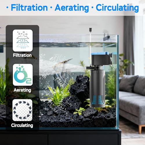 AquaMiracle 225GPH Internal Aquarium Filter, 3-Stage Fish Tank Filter with Dual Outlets & Aeration, Water Flow Adjustable Turtle Filter for 20-70 Gallon Tanks