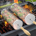 Rolling Grill Baskets,2 Pcs Nesting Grilling Net with Removable Wooden Handle,BBQ Accessories Tools for Vegetables Shrimp,Outdoor Camping Barbecue Rack,Gifts for Men Dad (Round) - size: Round