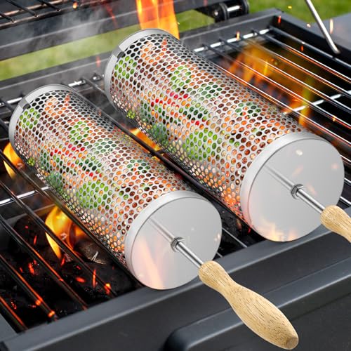 Rolling Grill Baskets,2 Pcs Nesting Grilling Net with Removable Wooden Handle,BBQ Accessories Tools for Vegetables Shrimp,Outdoor Camping Barbecue Rack,Gifts for Men Dad (Round) - size: Round