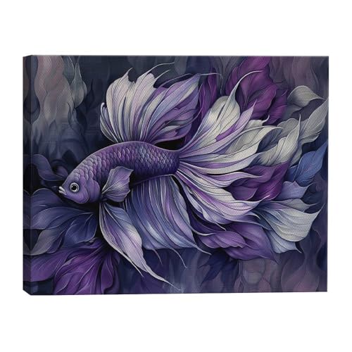 HomeGiftCentral Betta Fish Purple Dark Design 4 Canvas Wall Art Picture Prints Artwork Framed For Living Room Wall Home Decor Gifts For Family Art Easy Hanging - color: Design 4, size: Medium(16x12in)