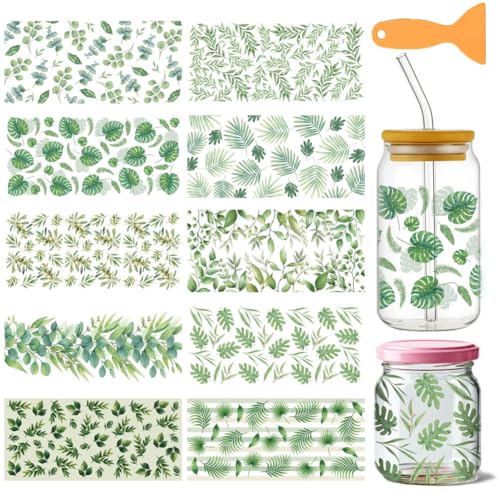 10 Sheets Plants UV DTF Cup Wraps for 16OZ Glass, 4.3 x 9.4 Inch Green Leaves UV DTF Transfer Stickers Waterproof Rub on Transfer Decals for Glass Bottle Vase Furniture Crafts - style: Green Plants