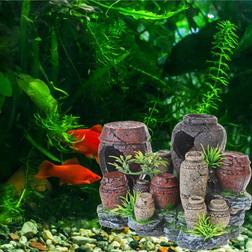 Saim Aquarium Barrel Decorations, Artificial Antique Barrels Crafts Landscaping Resin Decor Fish Tank Ornament for Betta Cichlids Hideaway Cave, Gold Fish Hideout, Reptile Tank