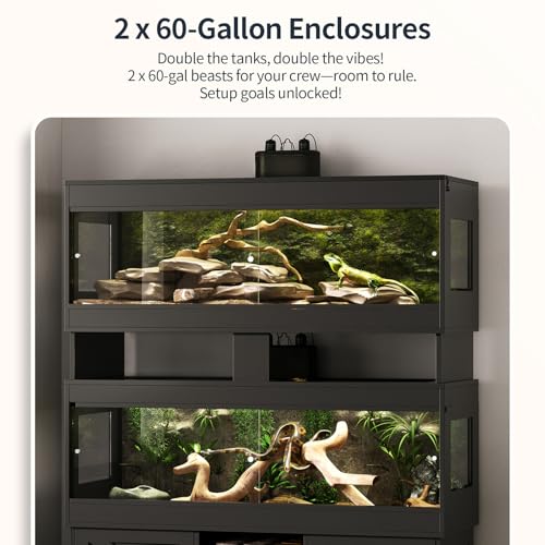 Dual 60 Gallon Reptile Tank with Stand,Reptile Enclosure,Bearded Dragon Tank,Reptile Terrarium with Cabinet,Sliding Doors,Power Outlet for Snakes,Lizards,Crested Geckos Black CAGE003B - color: Black, size: 60 Gallon+60 Gallon