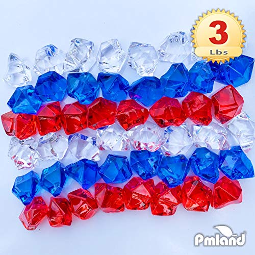 PMLAND Clear Fake Ice Rocks – 550Pcs Large Acrylic Gems Crushed Plastic Diamonds, Red White Blue (3Lbs/2.25 Quarts) – Bulk Vase Filler for Centerpieces Patriotic Theme Décor Aquarium Table Scatter - color: Red Blue and White