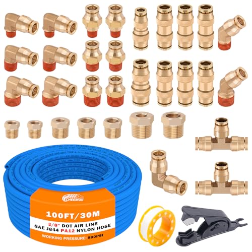 CheeMuii 3/8 Brass DOT Air Fittings With 100 FT 3/8" DOT Air Line Kit Quick Connect Air Line Fittings and Blue Pneumatic Tubing for Semi Truck Trailer or Industrial Air Syste - color: blue & gold, size: 3/8"100ft-35pcs
