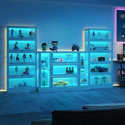 Display Cabinet with Acrylic Glass Doors,Extra Wide Curio Cabinet with LED Lighting for Collectibles, Collectibles Toy Organizers Rack & Display Shelf Display Case, White - color: White, size: 56" W x 42" H
